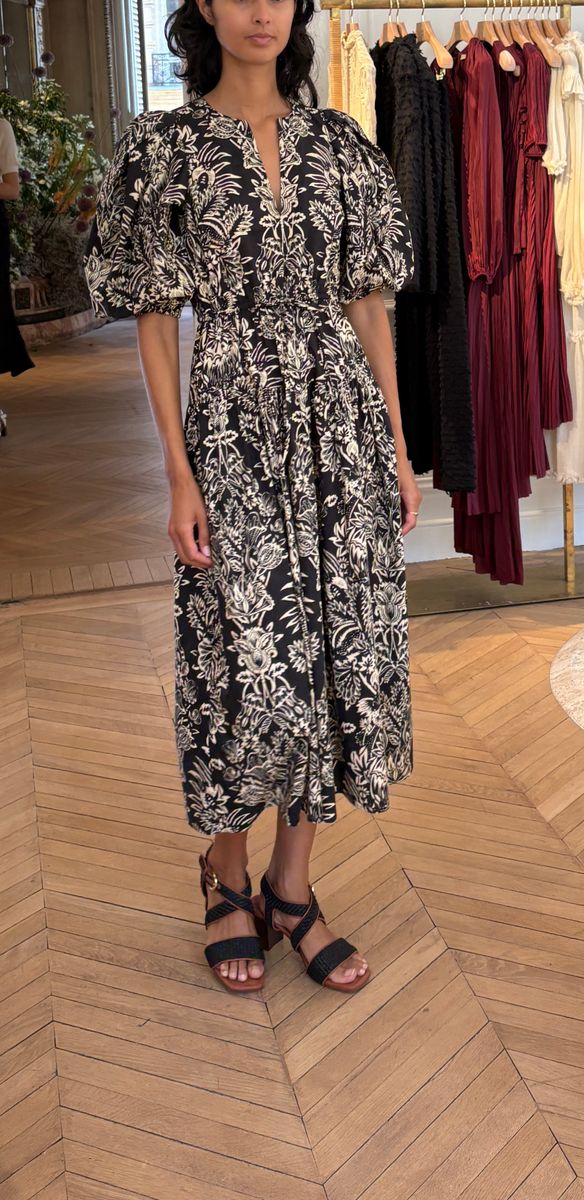 Harriet Puff Sleeve Midi Dress- Noir flora  - Ulla Johnson